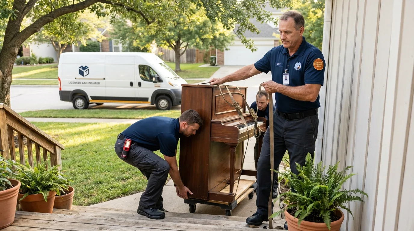 Licensed piano movers securing grand piano in Chatfield, MN