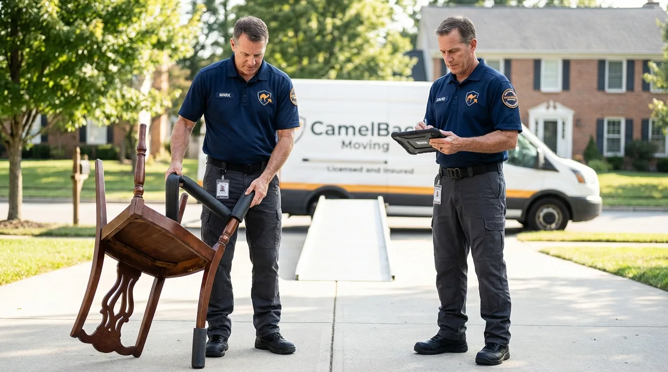 Movers inspecting furniture for damage prevention before loading in Chatfield, MN