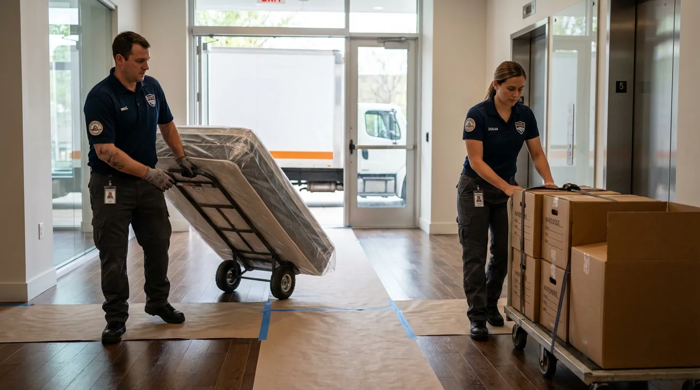 Professional apartment movers loading elevator in Chatfield, MN